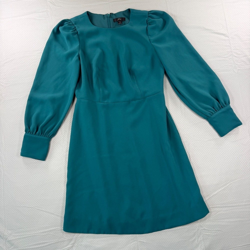 J.Crew Teal Blue Long Sleeve Puff Shoulder Shift Dress Size 4 Mini Cocktail